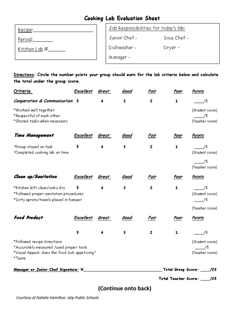 Cooking Lab Evaluation Score Sheet | PDF | Chef | Learning