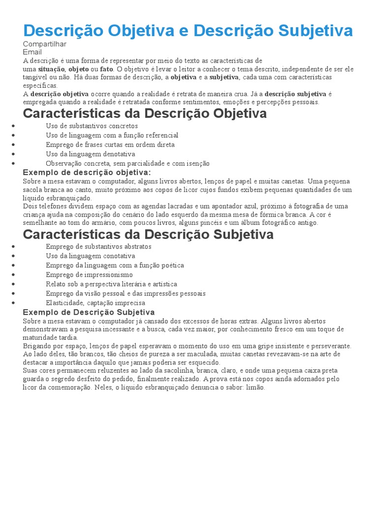 Diferenças entre Descrição Objetiva e Subjetiva | PDF | Science ...
