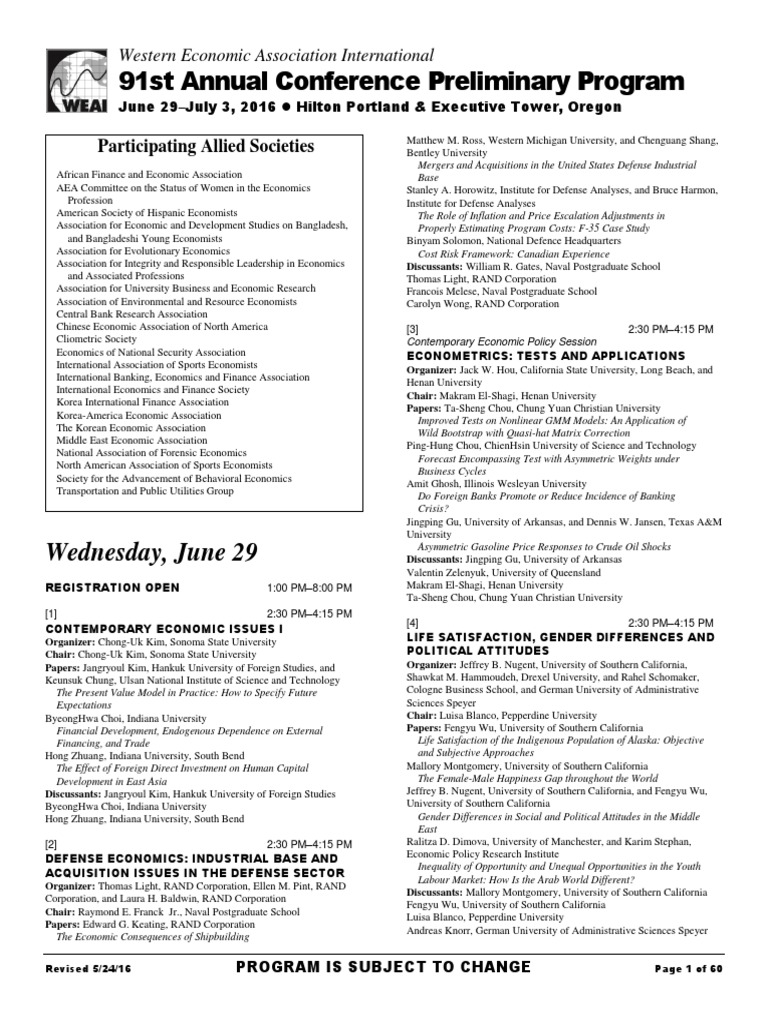 WEAI Conference Program PDF Federal Reserve System Economics