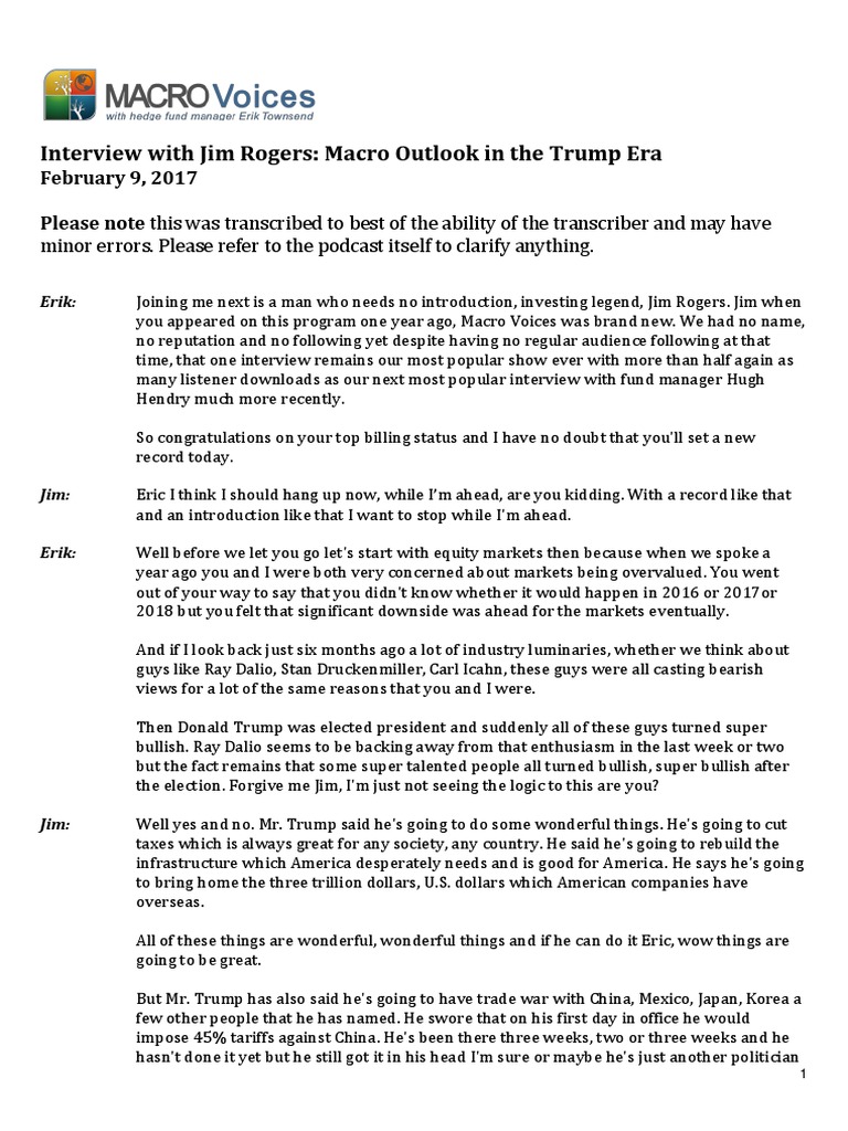Jim Rogers on Markets Post-Trump Election | PDF | High Yield Debt ...