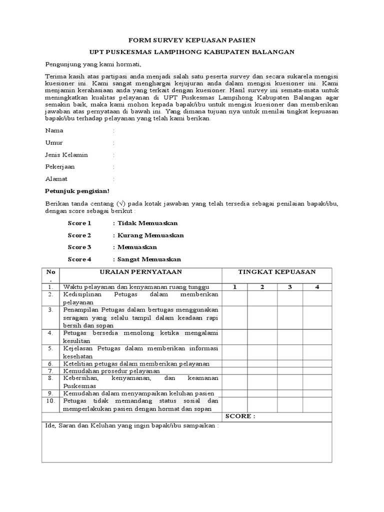 Contoh Survey Kepuasan Pelanggan Puskesmas Judul Soal