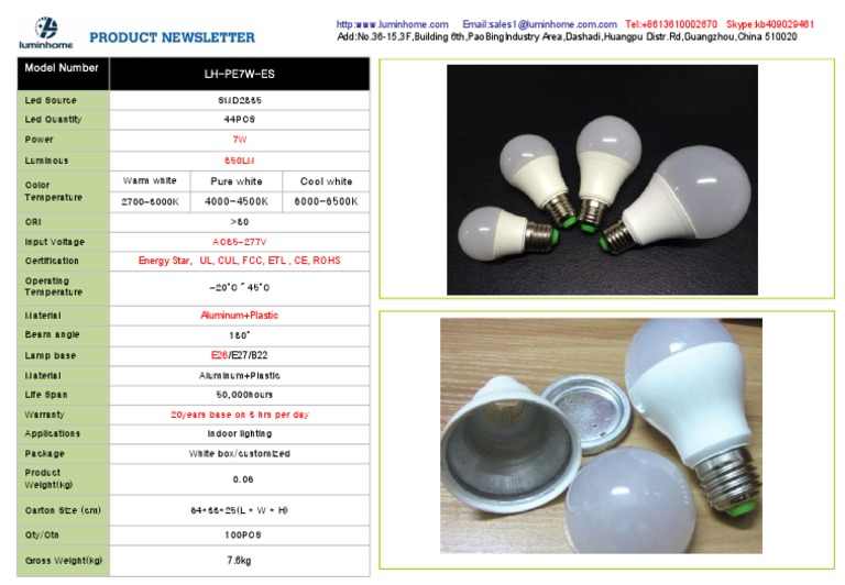 7W LED Light Bulb Specifications | PDF