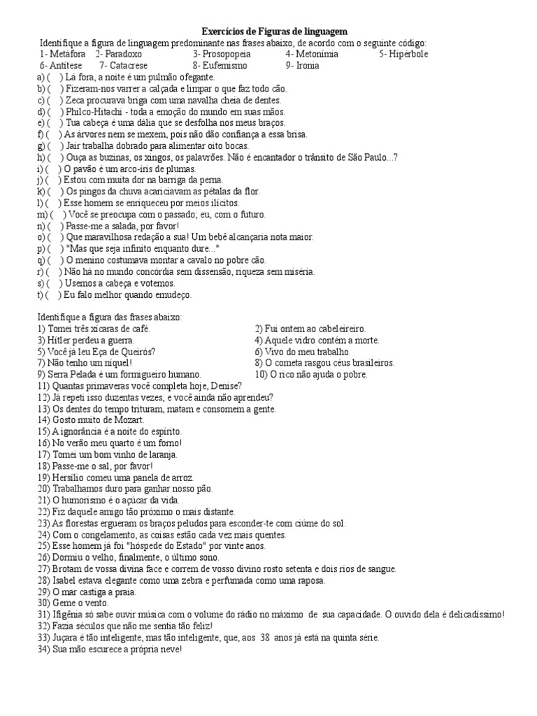 Exercícios de Figuras de Linguagem | PDF