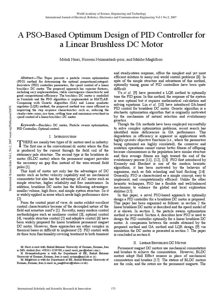 A PSO BasedPID Controller For A Linear Brushless DC Motor | PDF ...