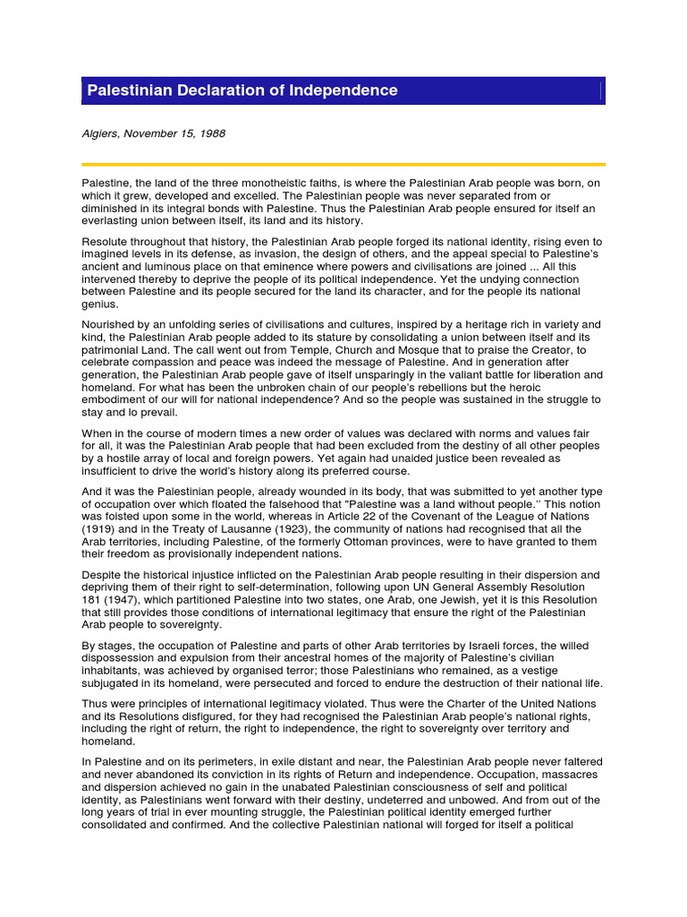Palestinian Declaration of Independence | PDF | Palestine Liberation