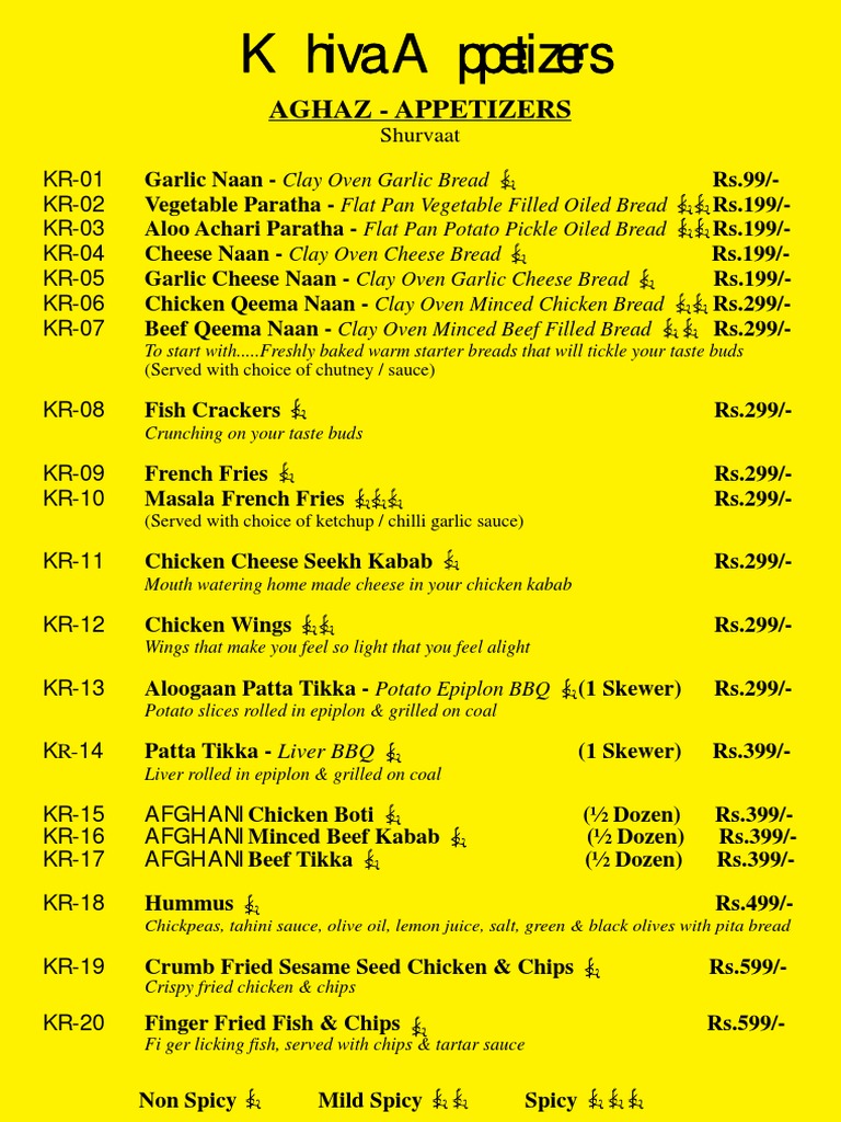 Khiva Restaurant Menu Highlights | PDF | Kebab | Salad