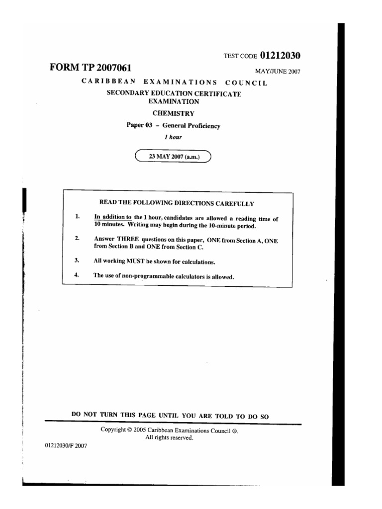 CSEC Chemistry 2007 Paper 3 | PDF