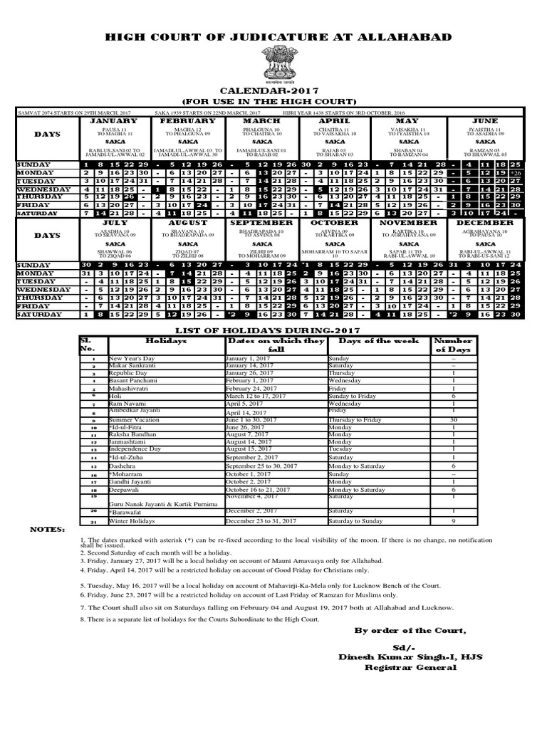Allahabad High Court Calendar Download Free PDF Religious Holidays