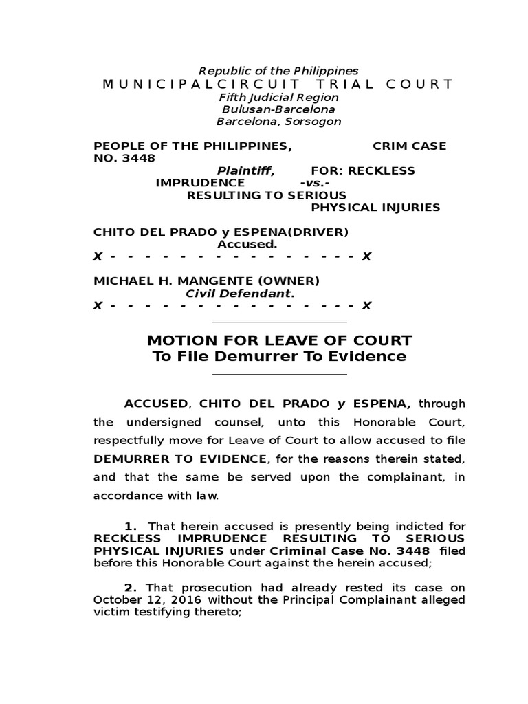 Motion For Leave of Court To File Demurrer To Evidence PDF Demurrer Motion For Leave of Court To File Demurrer To Evidence PDF Demurrer
