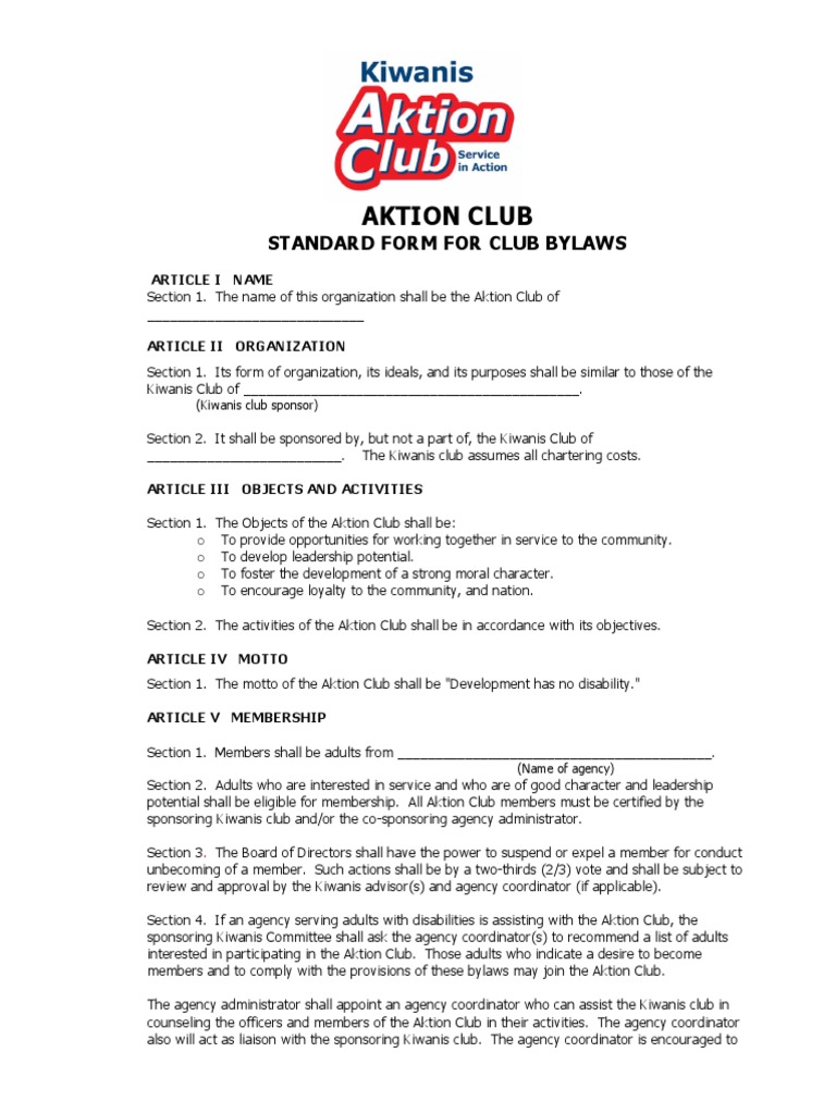 Aktion Club Bylaws Template | PDF | Board Of Directors | Government