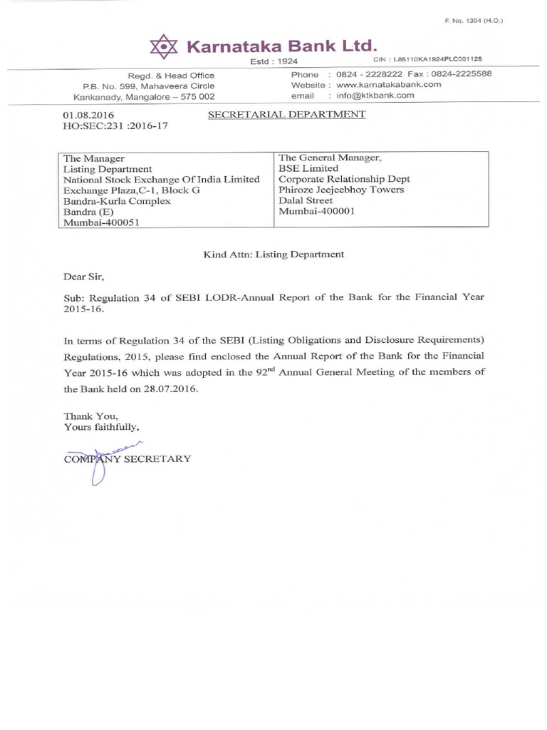 Karnataka Bank 5326520316 Dividend Banks