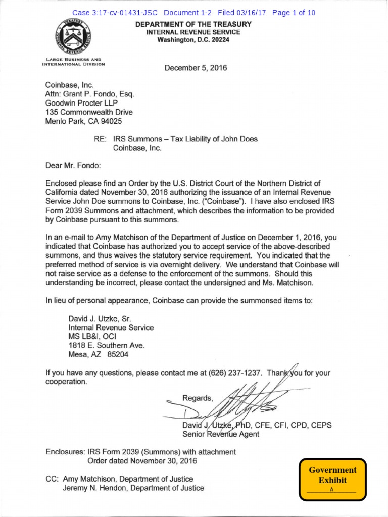 Coinbase Summons Details | PDF | Summons | Internal Revenue Service