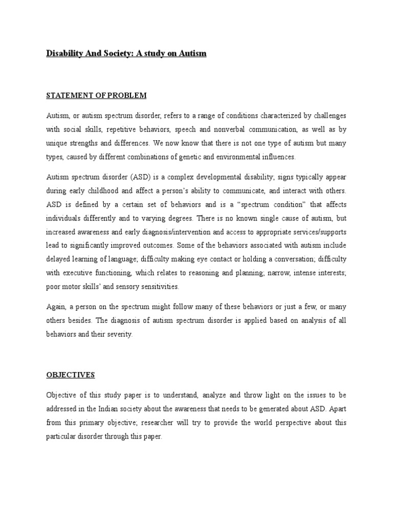 Disability and Society: A Study On Autism: Statement of Problem | PDF ...