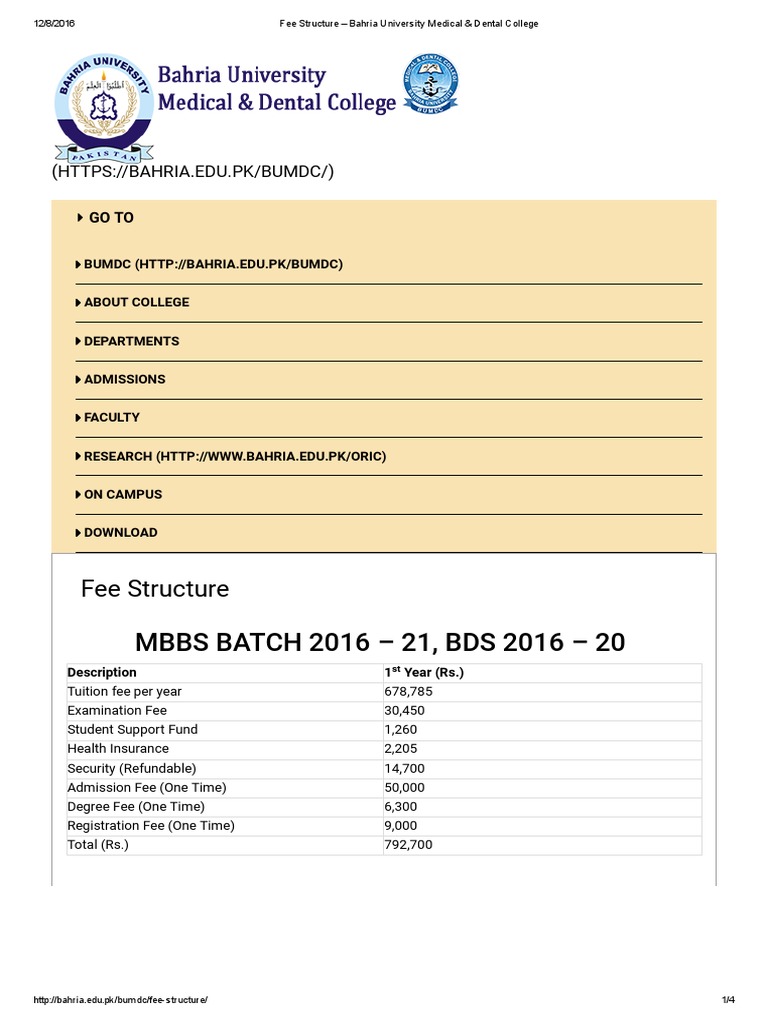 Fee Structure Bahria University Medical & Dental College Fee