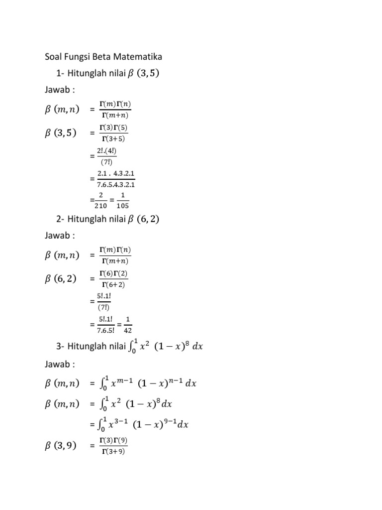 Soal Fungsi Beta Tambahan Soal Gamma Matematika Docx