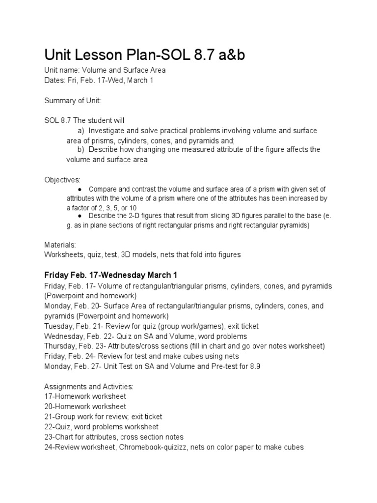 Volume and Surface Area Unit Plan | PDF