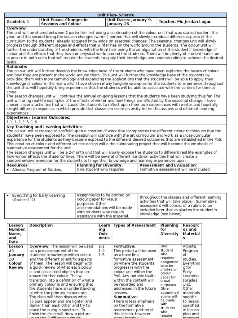 Seasons and Color Unit Plan for Grade 1 | PDF | Educational Assessment ...