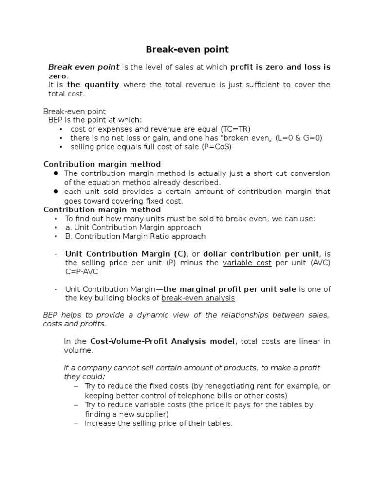 Break-Even Point: Break Even Point Is The Level of Sales at Which Profit Is  Zero and Loss Is | PDF | Economic Institutions | Economics