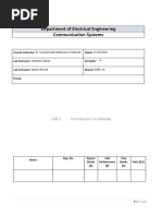 Department of Electrical Engineering Communication Systems: LAB-1 Introduction To Matlab