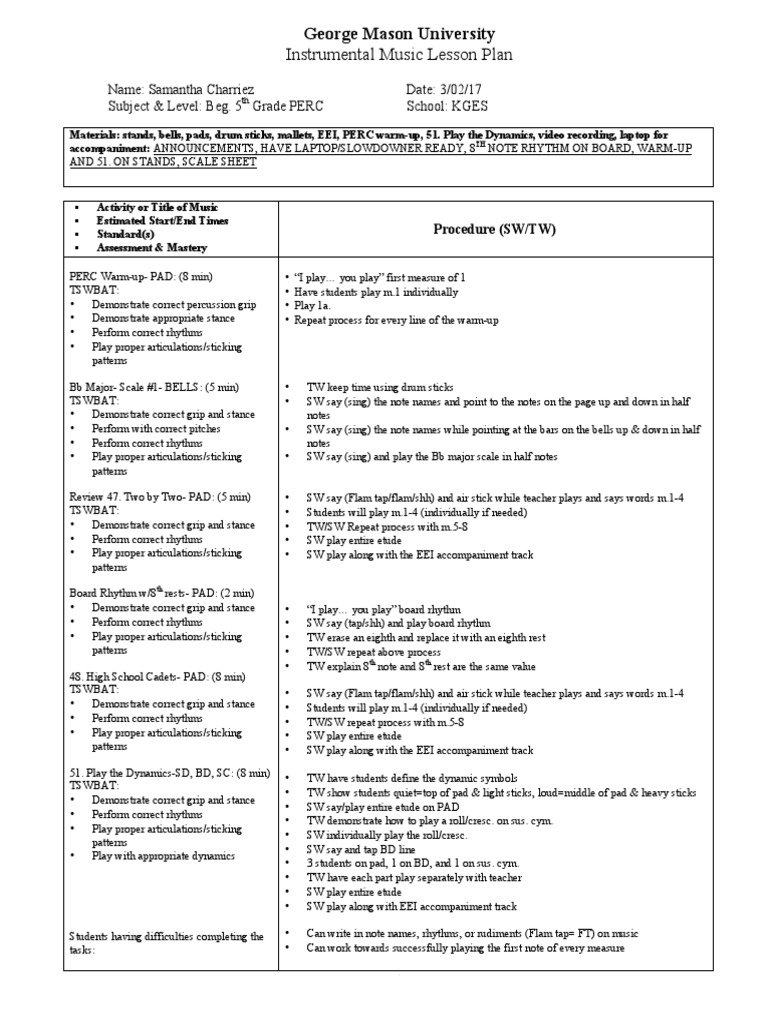 Instrumental Music Lesson Plan Mason University PDF Rhythm Tempo