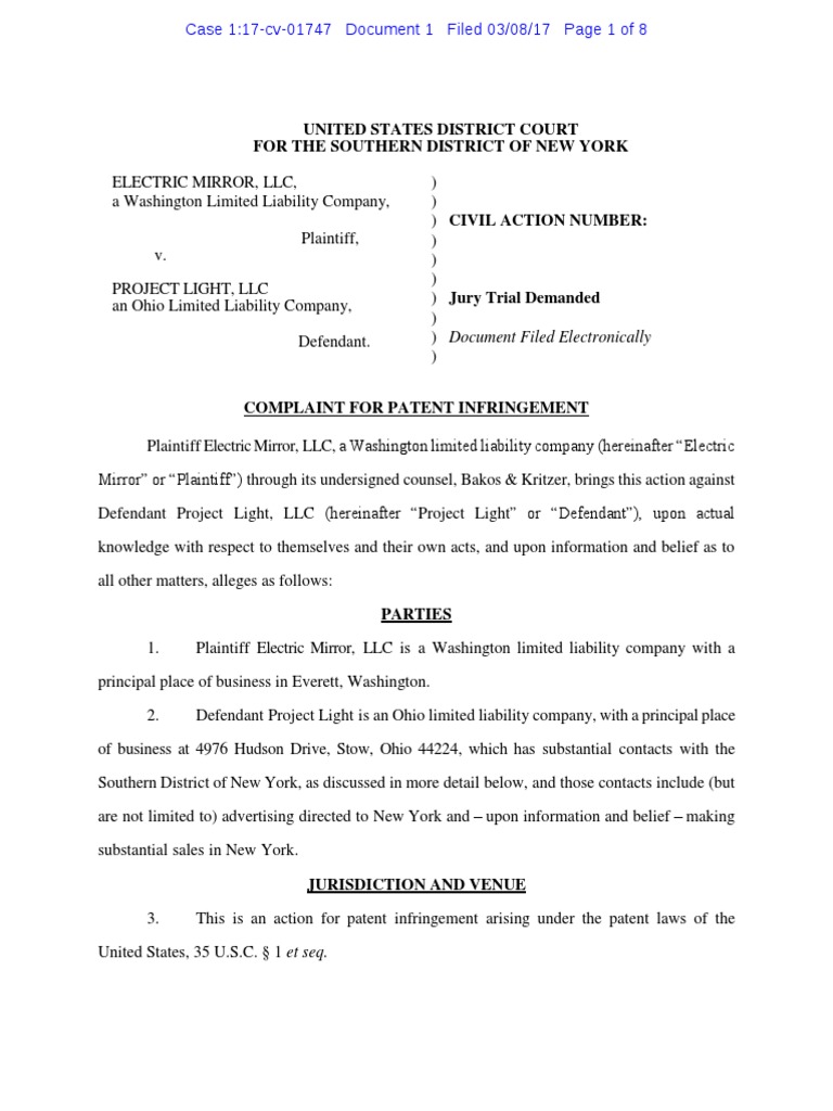 Electric Mirror v. Project Light - Complaint | PDF | Patent ...