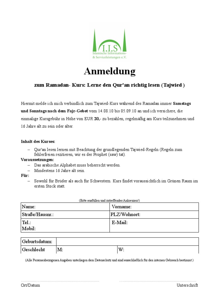 Anmeldung Quran Tajwied Ramadan Kurs