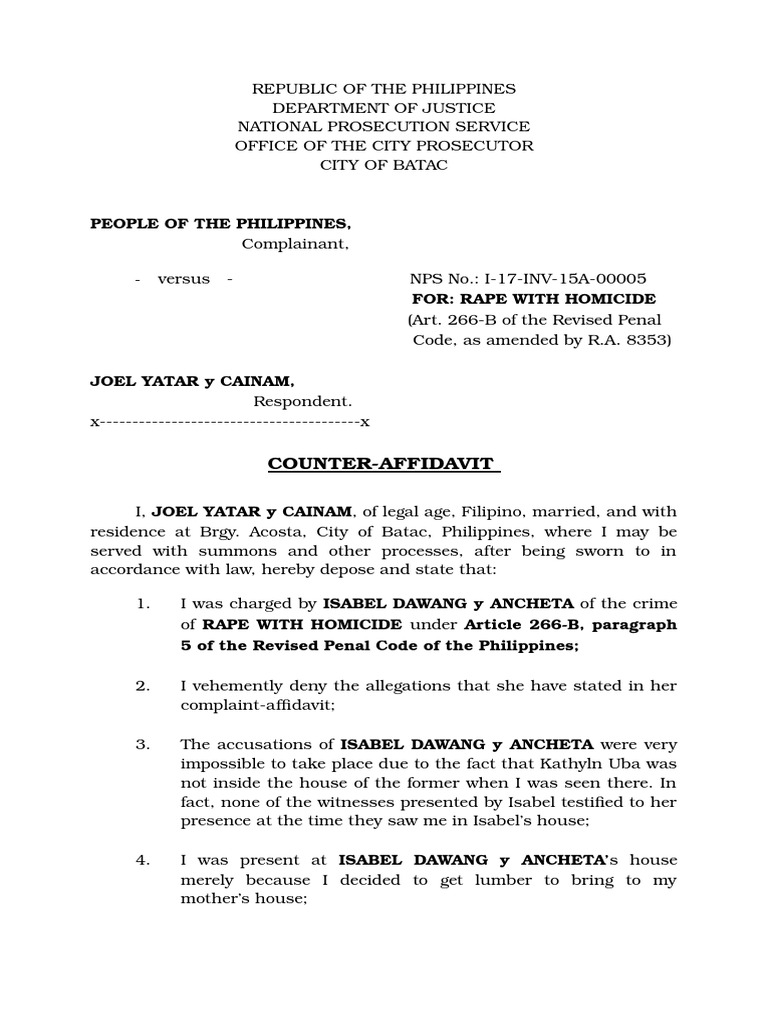 Counter affidavit people of the philippines complainant for rape