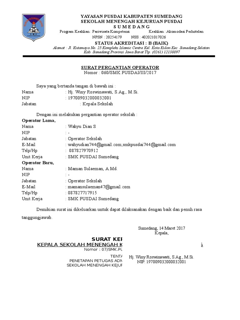 Contoh Surat Tugas Operator Yayasan Nusagates