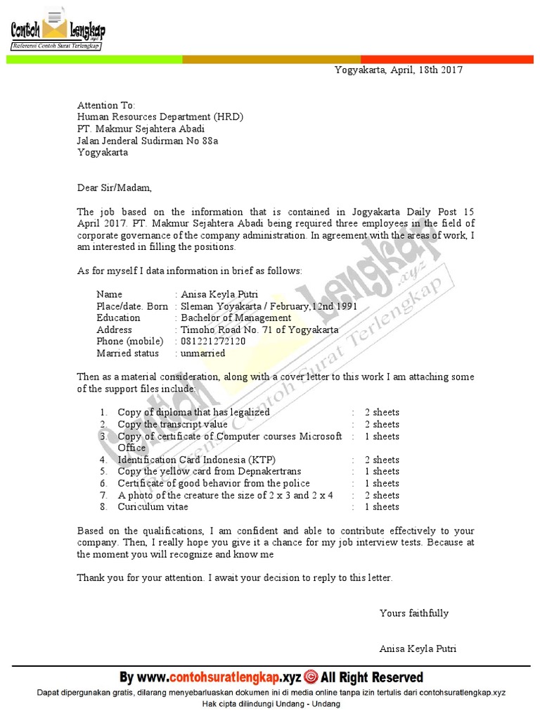Contoh Surat Lamaran Kerja Bahasa Inggris Dan Artinya Pdf Business