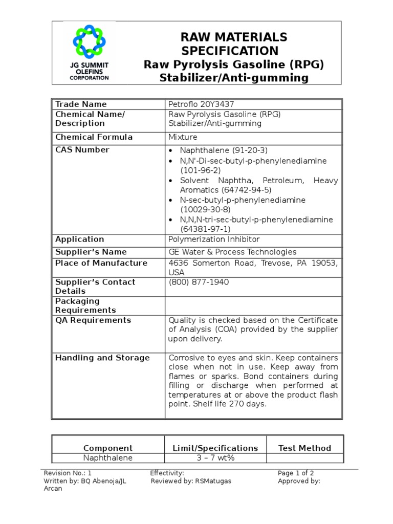 Raw Material Specification Sheet_Petroflo 20Y3437 New Gasoline