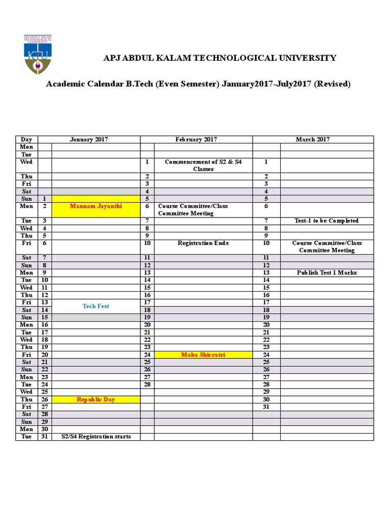 Academic Calendar 1617 B.techEven Sem PDF Qualifications Learning