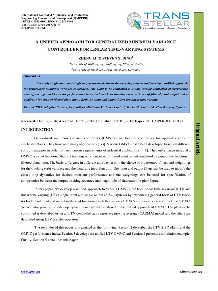 A Unified Approach For Generalized Minimum Variance Controller For ...