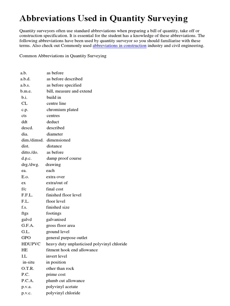 Common Abbreviations Used in Quantity Surveying Practice PDF