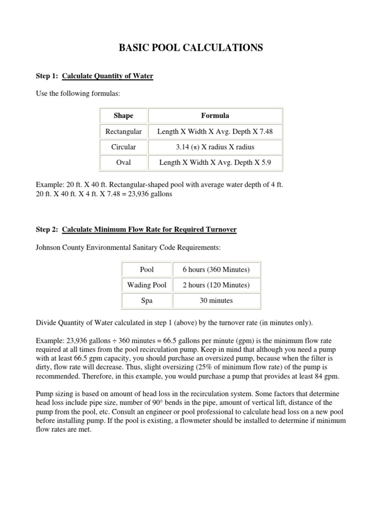 Basic Pool Calculations Step 1 Calculate Quantity of Water PDF Filtration Swimming Pool