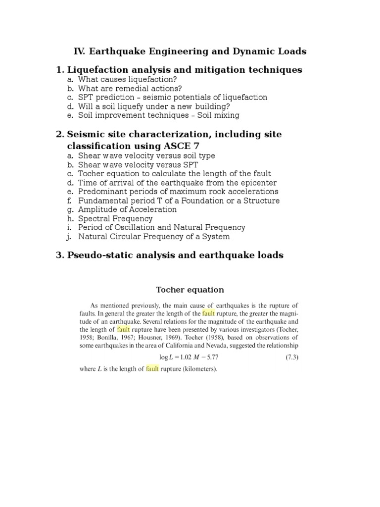 IV. Earthquake Engineering and Dynamic Loads 1. Liquefaction Analysis ...