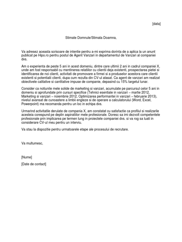 Model Scrisoare de Intentie Agent Vanzari | PDF