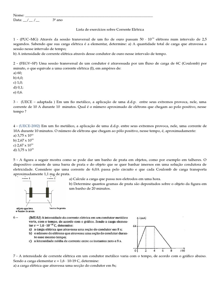 Exercícios sobre Corrente Elétrica 8º Ano | PDF | Corrente elétrica ...