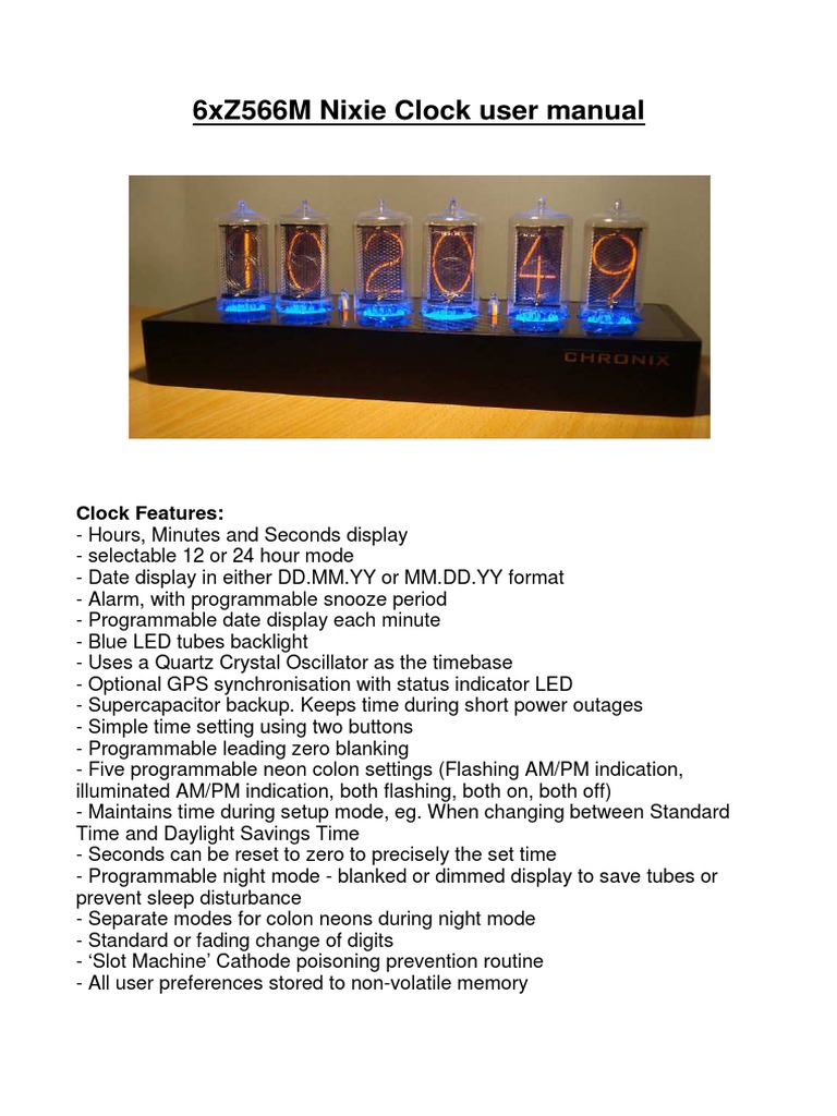 6xz566m Nixie Clock User Manual PDF Clock Global Positioning System