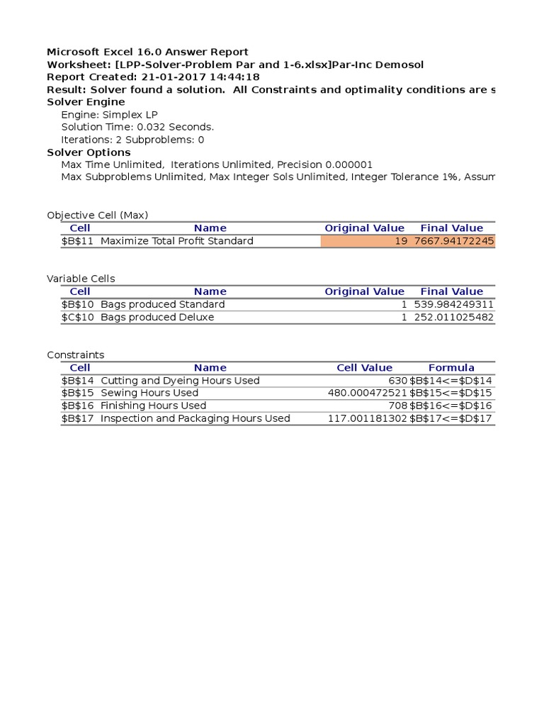 Session 9 LPP Solver Problem Par Inc Sensitivity Report Template For ...
