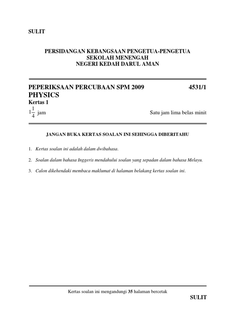 Spm Fizik Kedah 2009 Serta Skema Pdf