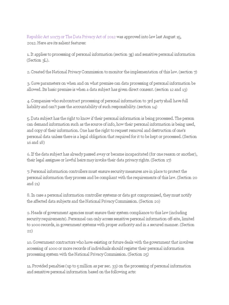 Republic Act 10173 or The Data Privacy Act of 2012 | PDF | Personally ...