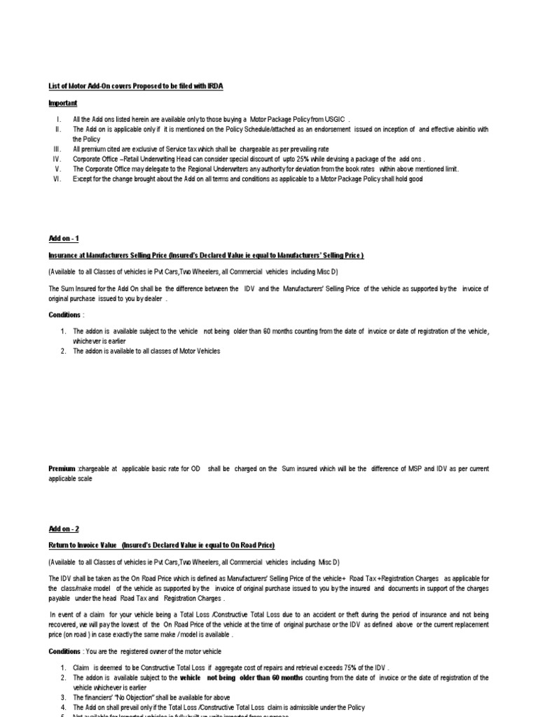85 Motor Add On Covers 30th April 2010 PDF Finger Insurance