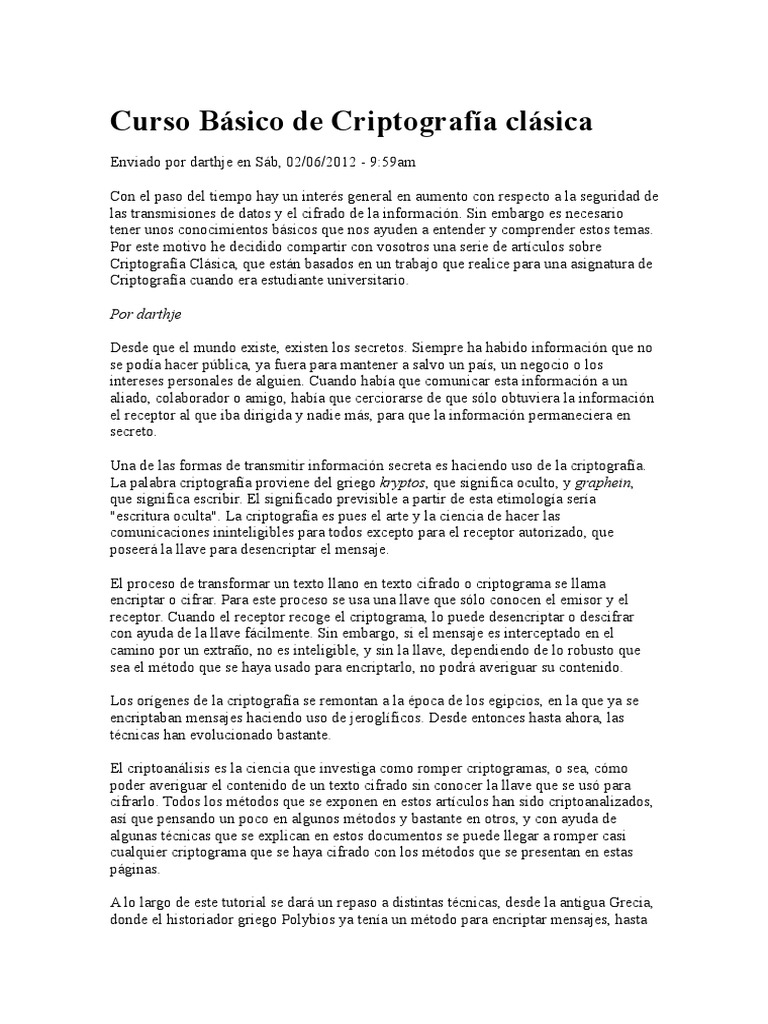 Curso Básico De Criptografía Clásica Pdf Cifrado Criptografía