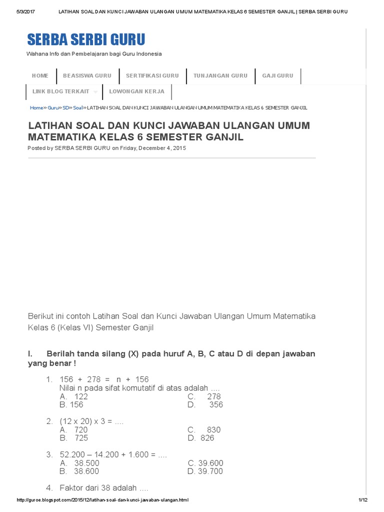 Latihan Soal Dan Kunci Jawaban Ulangan Umum Matematika Kelas 6 Semester Ganjil _ Serba Serbi Guru