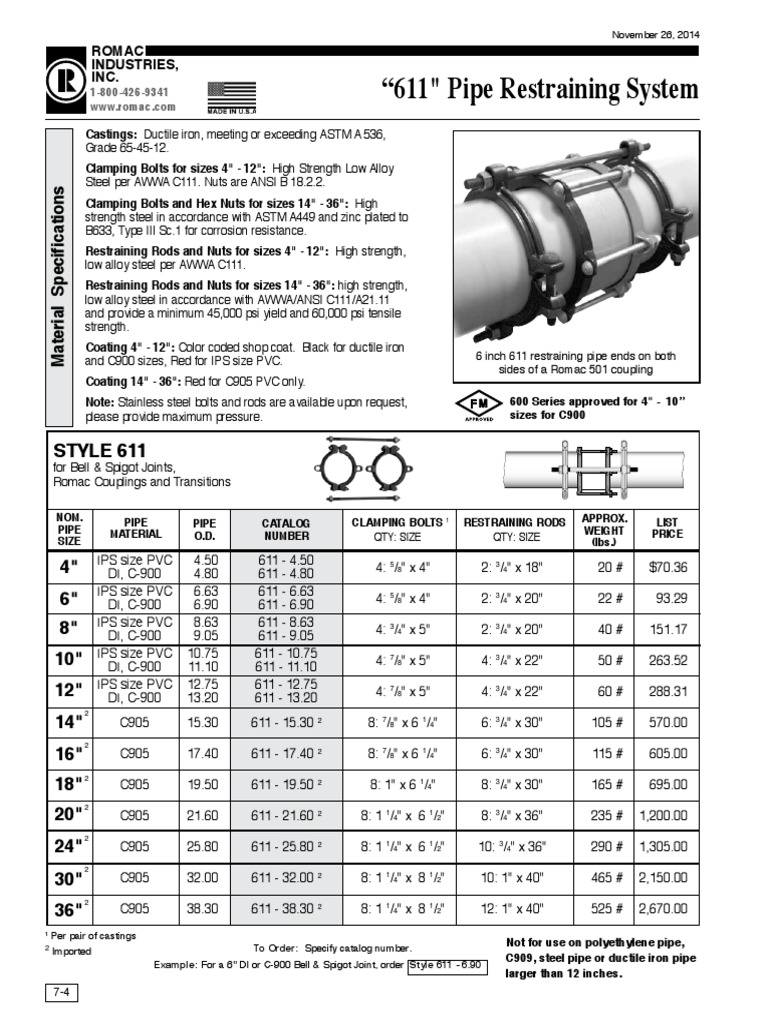 Romac 611 Pipe Restraining System Specs | PDF | Pipe (Fluid Conveyance ...