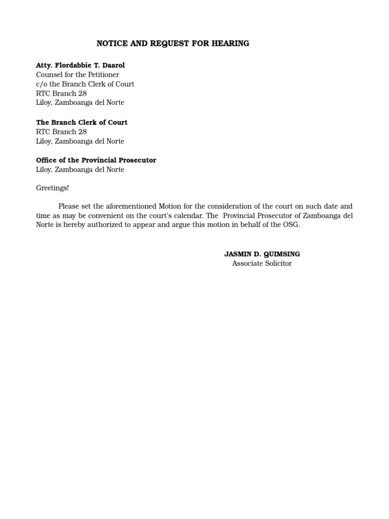 Hearing Request for Motion in RTC 28 | PDF | Politics | Law