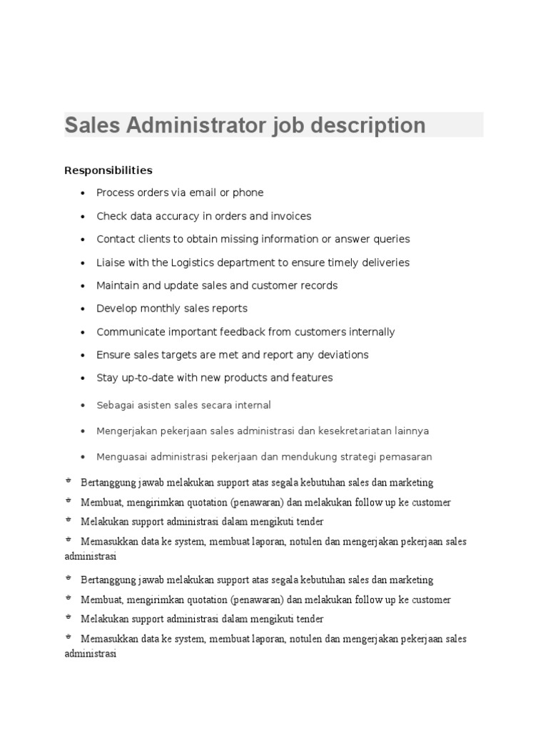 Sales Administrator Job Description