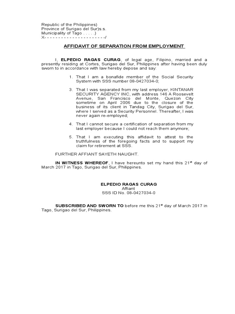 Affidavit Of Separation Sample
