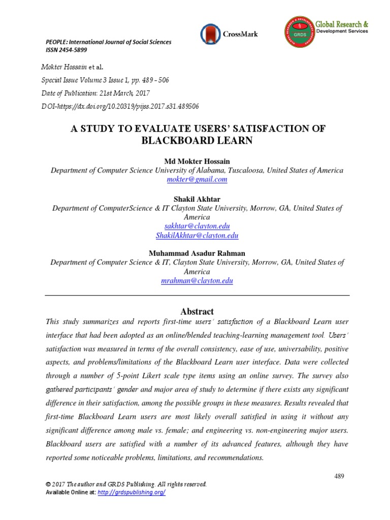 A Study To Evaluate Users Satisfaction of Blackboard Learn | PDF ...