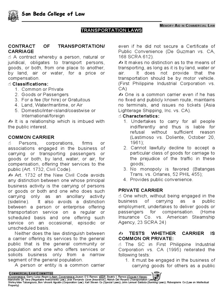Overview of Transportation Laws | PDF | Bill Of Lading | Cargo